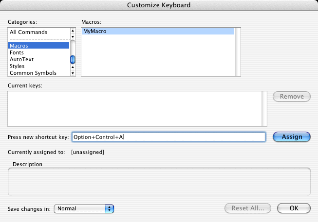 keyboard shortcut dialog