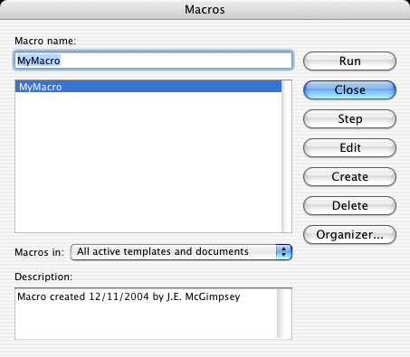 the Macros dialog